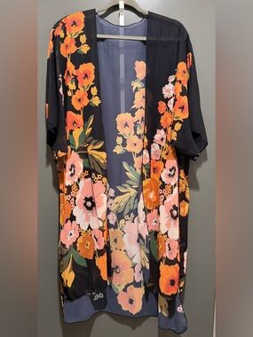 Floral Black Kimono Cover-Up with Orange & Pink Blooms
